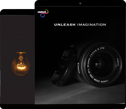 Contact page of Unplug Infinity - Camera and company logo and a bulb