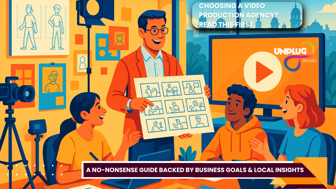 Creative team in a video production studio reviewing storyboards and concepts for a marketing campaign in Pune