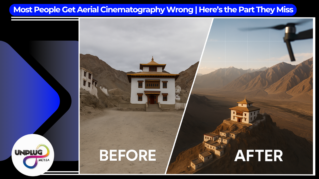 Split-screen image comparing traditional ground-level footage with cinematic aerial cinematography captured by a drone over a natural landscape