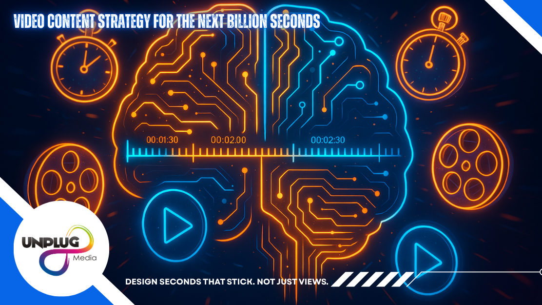 Colorful digital collage showing a brain made of circuit lines, a ticking stopwatch, video play icons, and storytelling frames—representing modern video content strategy.