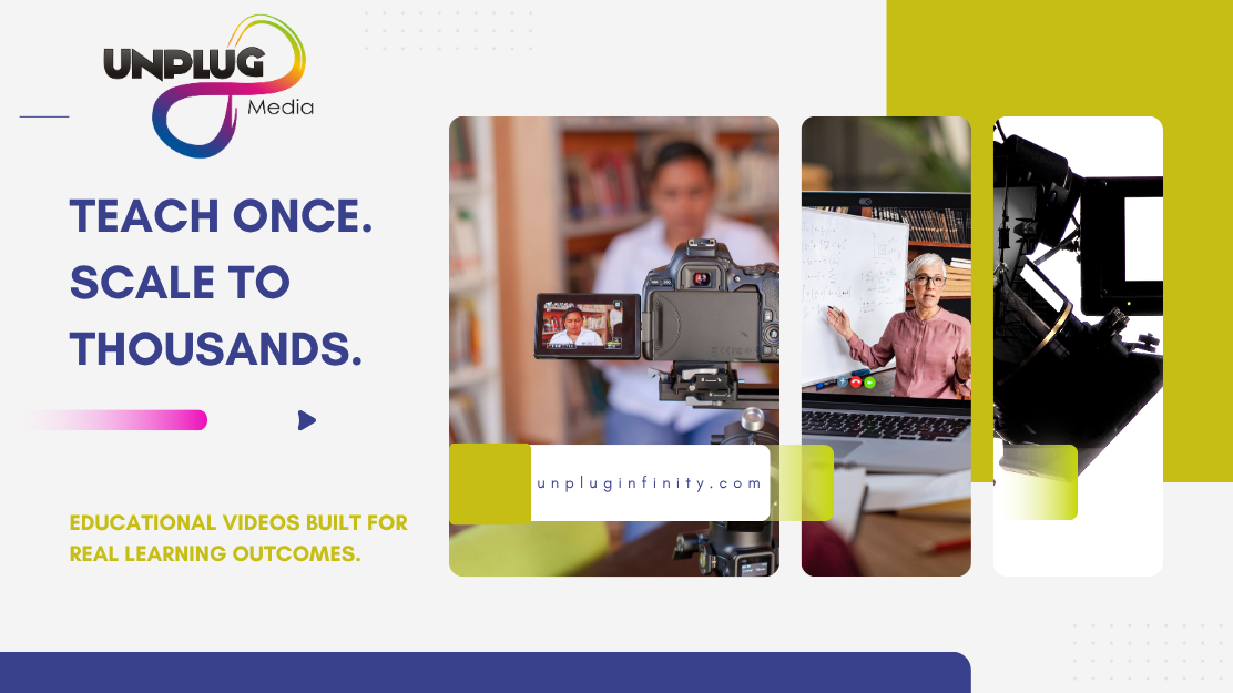 Teacher holding a tablet with animated learning modules—text reads "Teach Once. Scale to Thousands." promoting educational video production for institutions.